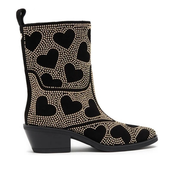 New! Love Moschino Gold Studded Hearts Slip On Black Leather Boots Sz 38 - Picture 6 of 6